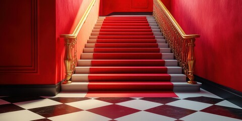 Fototapeta premium Elegant red and black staircase leading to an upper floor in a luxury venue with ornate details and rich textures