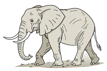 Fototapeta premium Drawn elephant strolls quietly with graceful strides across a simple grassy terrain outdoors