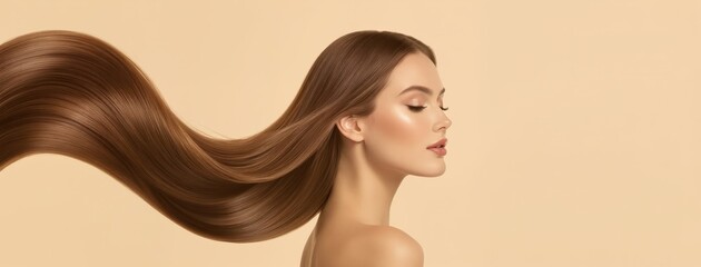 Beautiful young adult woman with long, shiny, flowing brown hair in profile against a beige background, representing hair care and beauty.