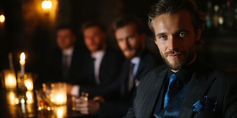 Elegant gentleman in formal attire enjoying an evening with friends at a dimly lit bar with candles