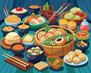 Colorful assortment of authentic Pan Asian dishes vector art food design 