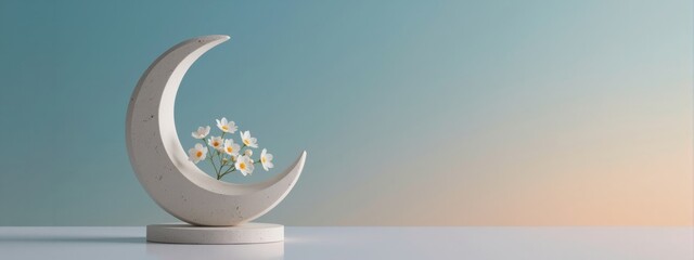 Elegant white crescent moon sculpture with delicate white flowers on a pedestal against a serene blue and peach gradient background, Ramadan concept.