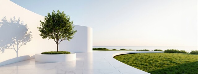 Modern minimalist outdoor patio with a tree and curved white walls overlooking the ocean, Luxury Coastal Living.