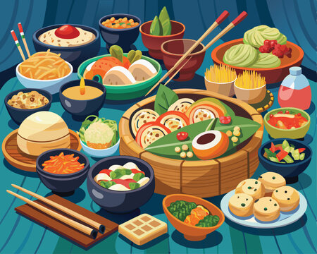 Naklejki Colorful assortment of authentic Pan Asian dishes vector art food design 