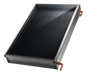 A solar thermal boiler with a glass-covered absorber plate for supplemental hot water heating on a residential rooftop.