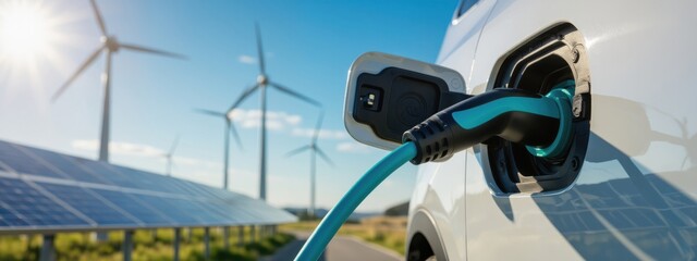 Electric car charging with a blue cable at a station powered by solar panels and wind turbines under a sunny sky, Green Energy.