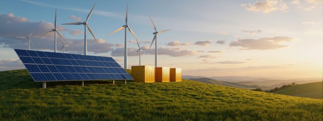 Solar panels and wind turbines on a green hill with energy storage containers under a beautiful sunset sky. Renewable Energy.