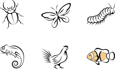 Six stylized animal illustrations in black and white with one colored fish