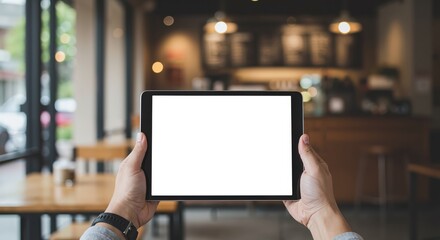 Hands of an adult man holding a tablet with a blank white screen in a blurred coffee shop background, digital display concept.