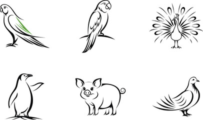 Six Stylized Animal Illustrations on White Background