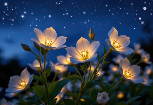 close up of moonflowers blooming under a starry sky, glowing gently while releasing their unique night fragrance.