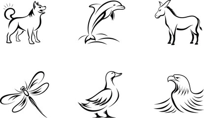 Six stylized black and white animal illustrations dolphin