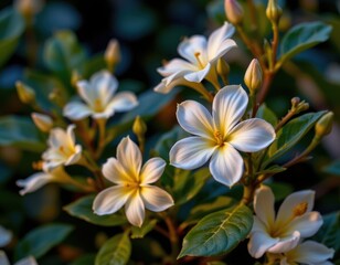 Fototapeta premium close up of night blooming jasmine and evening primrose flowers glowing softly, releasing fragrance in the cool night air.