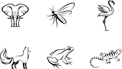 Six stylized black and white animal illustrations elephant