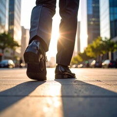 Low-angle shot of a person’s legs walking in black leather dress shoes on a city sidewalk, surrounded by tall office buildings, morning light casting long shadows, urban business vibe, ultra-detailed