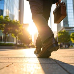 Low-angle shot of a person’s legs walking in black leather dress shoes on a city sidewalk, surrounded by tall office buildings, morning light casting long shadows, urban business vibe, ultra-detailed