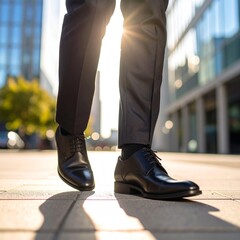 Low-angle shot of a person’s legs walking in black leather dress shoes on a city sidewalk, surrounded by tall office buildings, morning light casting long shadows, urban business vibe, ultra-detailed