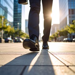 Low-angle shot of a person’s legs walking in black leather dress shoes on a city sidewalk, surrounded by tall office buildings, morning light casting long shadows, urban business vibe, ultra-detailed