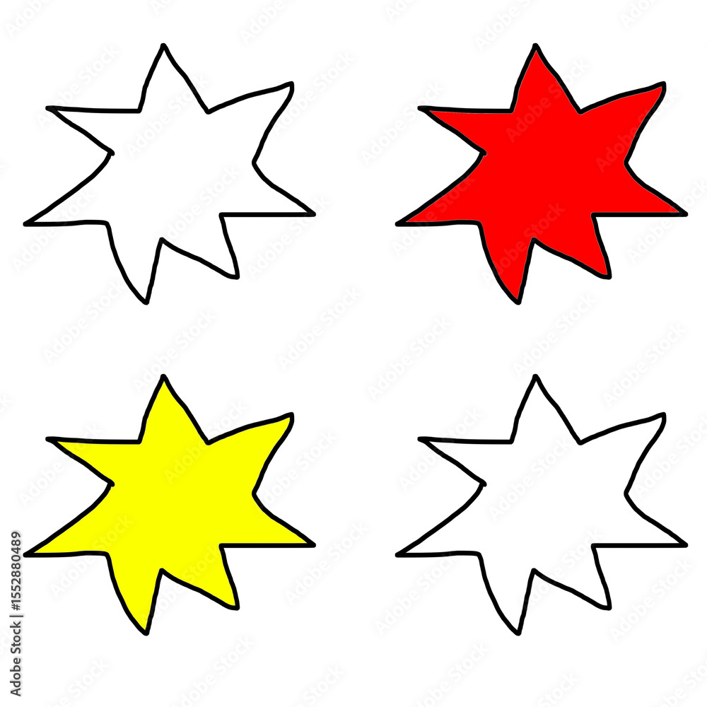 Poster a collection of starburst shapes in various colors and outlines on a transparent backdrop, ideal for
