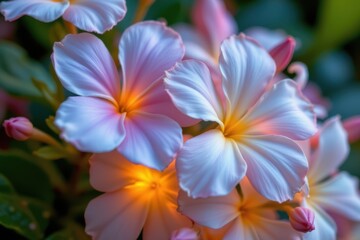 Obraz premium close up of blooming night scented stock and jasmine petals glowing faintly as their scent fills the cool night air.