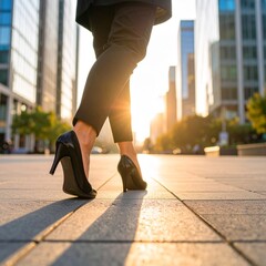 Low-angle shot of a person’s legs walking in black leather dress shoes on a city sidewalk, surrounded by tall office buildings, morning light casting long shadows, urban business vibe, ultra-detailed