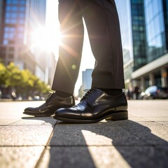 Low-angle shot of a person’s legs walking in black leather dress shoes on a city sidewalk, surrounded by tall office buildings, morning light casting long shadows, urban business vibe, ultra-detailed