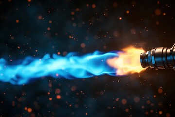 Engine nozzle emits blue and orange flames with bokeh background. Use it to illustrate technology, power, science, or explosive energy.