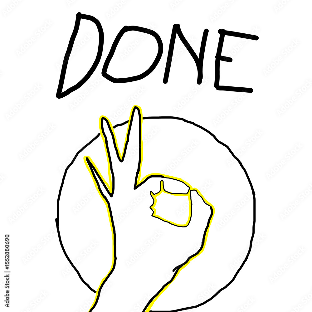 Poster hand gesture ok sign with yellow outline and 'done' text on transparent backdrop, a completion symbo