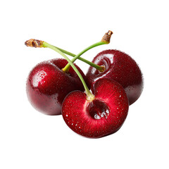 Fresh Red Cherry with Stem, Leaf, and Water Drops Isolated on Transparent Background.