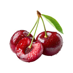 Fresh Red Cherry with Stem, Leaf, and Water Drops Isolated on Transparent Background.
