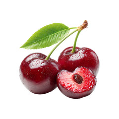 Fresh Red Cherry with Stem, Leaf, and Water Drops Isolated on Transparent Background.