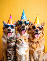 Funny dogs and cats with party hats and sunglasses on yellow backdrop celebrating together