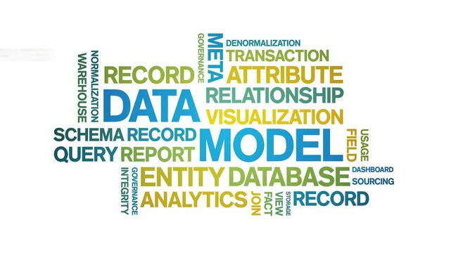 Data Model animated word cloud;text design animation tag kinetic typography seamless loop.