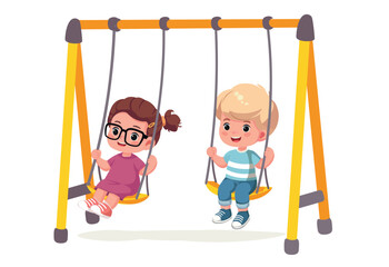 happy cute little kid boy and girl playing on a swing cartoon vector illustration