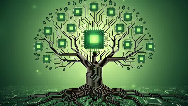 A digital tree with circuit board branches and glowing computer chips as fruit