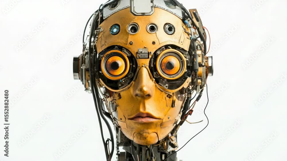 Poster a detailed view of a robot's head with goggles, perfect for tech-related and futuristic designs