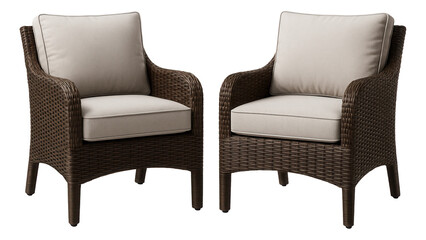 A set of weather-resistant wicker chairs with cushions, designed for comfort on a balcony terrace.