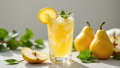 Fototapeta premium a glowing glass of pear juice with fresh pears and leaves, representing hydration and vitamin c benefits.