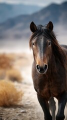 Obraz premium Majestic wild horse running through a desert landscape at sunset in the mountains