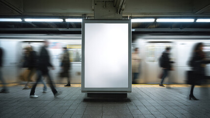 A blank vertical digital billboard in the subway, with people passing by on trains and blurring into motion. The billboard is empty for mockups or advertising design, with a dark background and high r