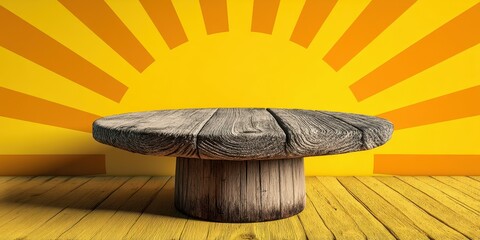 Wooden table against a vibrant sunburst backdrop in a warm, inviting setting during daylight
