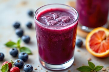 close up of a glowing blueberry and elderberry juice blend, representing antioxidants and immune system boost.