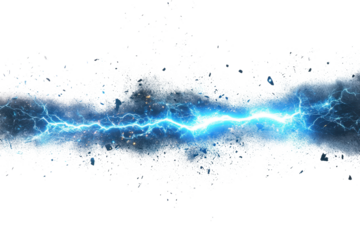 Bright blue lightning bolts strike in a dramatic display of electric power against a darkened background