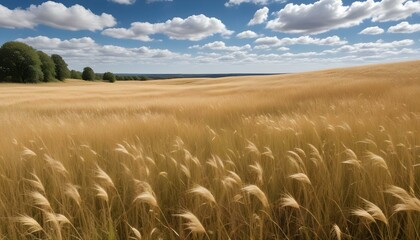 A vast golden wheat field gently sways in the warm summer breeze under a blue sky.