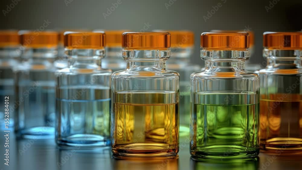 Poster rows of tiny bottles filled with variously colored fluids, ideal for use in scientific illustrations