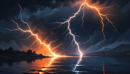 Powerful lightning strikes over a tranquil lake, reflecting in the water with intense light.