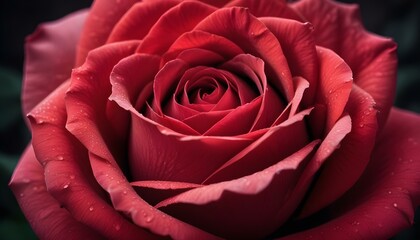A stunning close-up of a red rose, showcasing its intricate petals and water droplets.