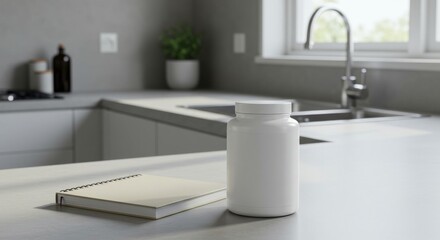 White jar and notebook on modern kitchen countertop 