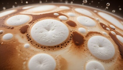 A mesmerizing macro shot of coffee foam with a delightful, abstract pattern of creamy bubbles.