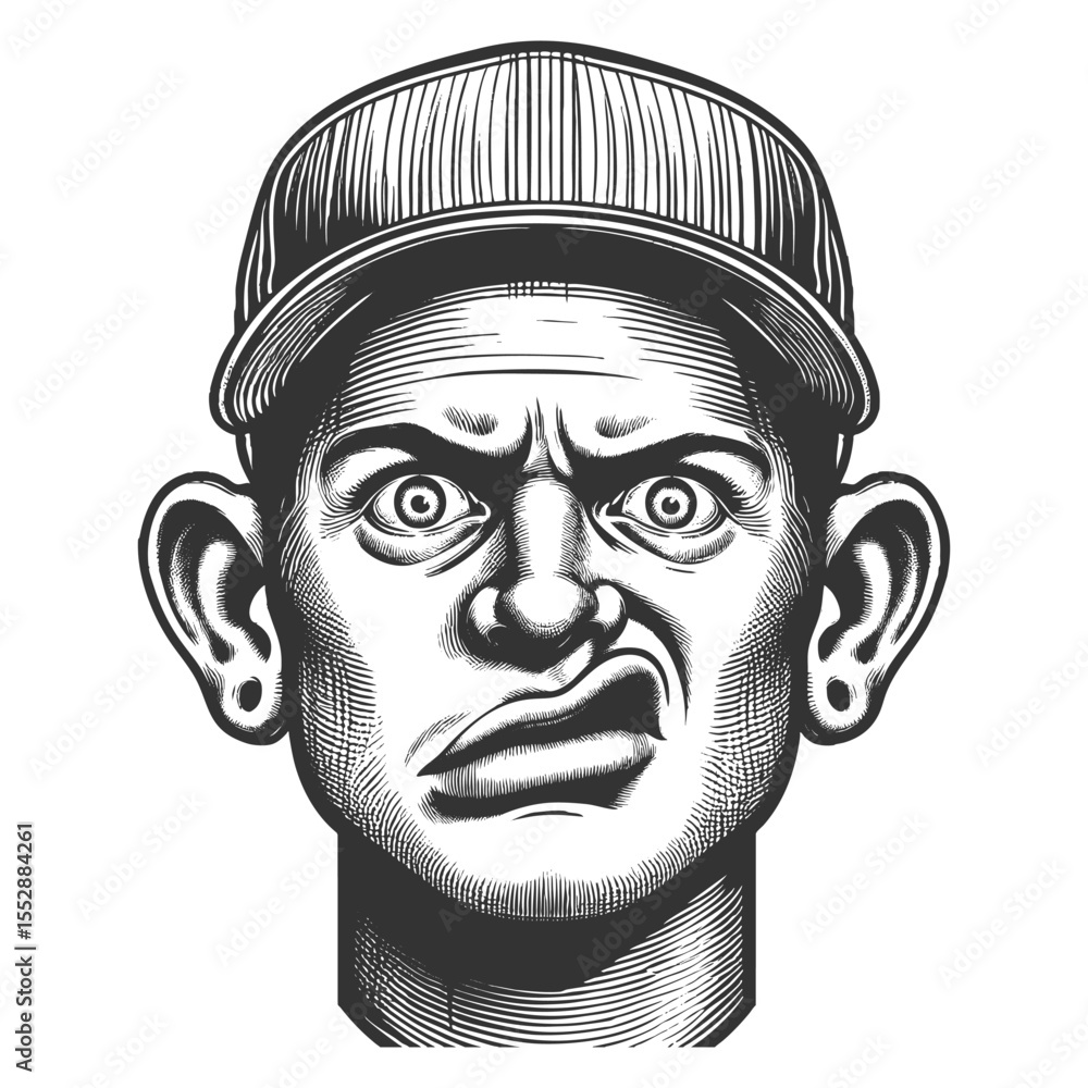 Poster man wearing a cap and making a puzzled, exaggerated facial expression with wide eyes sketch engravin